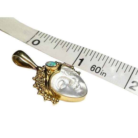 18K Gold SAJEN Goddess PENDANT Mother Of Pearl Carved Face Opal Gemstone Signed - Picture 4 of 7